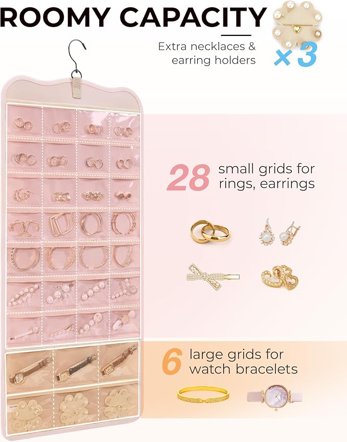 BAGSMART Hanging Jewelry Organizer Storage with Hanger Metal Hooks Double-Sided Jewelry Holder for Earrings, Necklaces, Rings on Closet, Wall, Door, 1 piece Large Pink