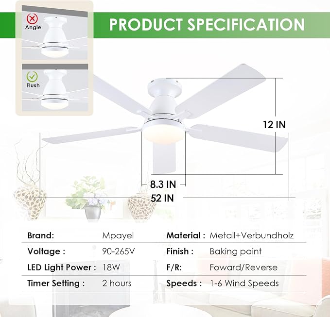 Mpayel 52 Inch Ceiling Fans with Lights and Remote, White Ceiling Fan with Light Flush Mount, Low Noise, Reversible, Dimmable, Modern Low Profile Ceiling Fan with Light for Bedroom Indoor Outdoor