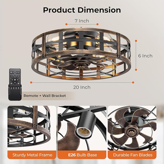 BLNAN 20" Farmhouse Ceiling Fan with Lights and Remote, Industrial Caged Low Profile Flush Mount Industrial Fandelier, 6 Speeds Bladeless Fan Lights for Bedroom, Kitchen, Living Room, Black Gold