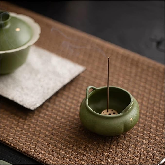 Hermit Life Incense Burner with 9 Holes Stick Holder, Lotus Bud or Tripod Ding Shape Design and Matte Ceramic Surface for Home Décor, Incense Stick Holder with Ash Catcher (Green Tripod Ding)