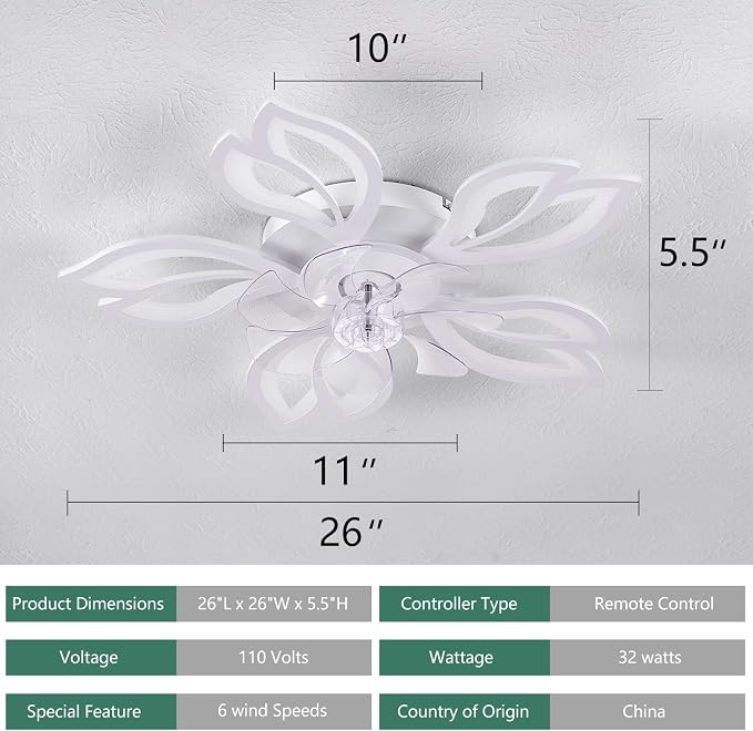 Modern Ceiling Fans with Lights, Low Profile Ceiling Fan with Remote for Bedroom, Flush Mount Ceiling Fan with LED Dimmable Light,3-Colors, 6-Speeds, Timing CeilingFan Light-White Leaves