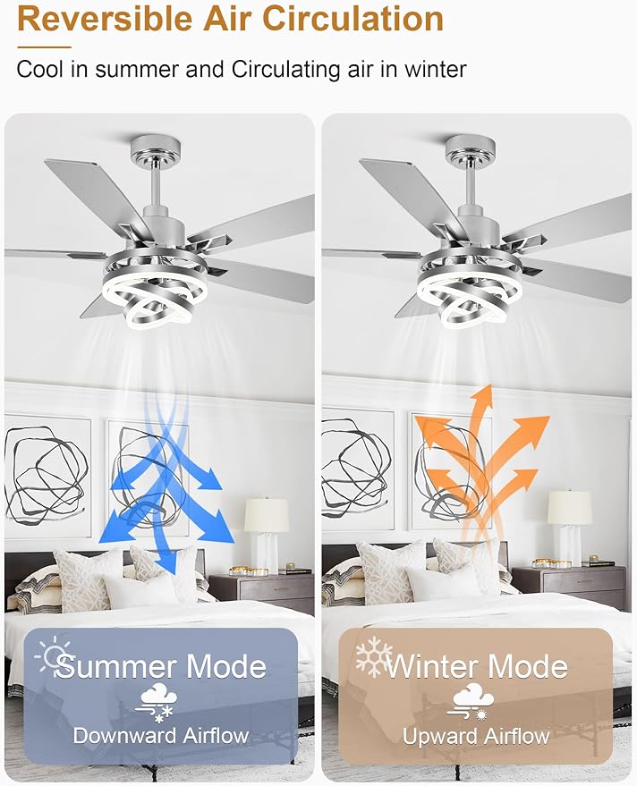 52" Modern Chandelier Fandelier Ceiling Fan with Light | DC motor, reversible, dimmable, 3 adjustable rings for DIY shape; recommended for bedroom, living room, and indoor use.