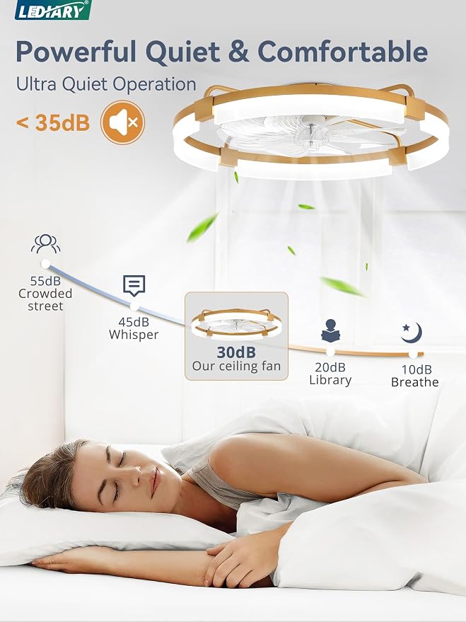 LEDIARY 24" Ceiling Fans with Lights and Remote, Modern Low Profile Ceiling Fan, 3 CCT, Stepless Dimmable, Fandelier Flush Mount Fan Light, 6 Speeds, DC Motor, App & Remote Control for Bedroom(Gold)