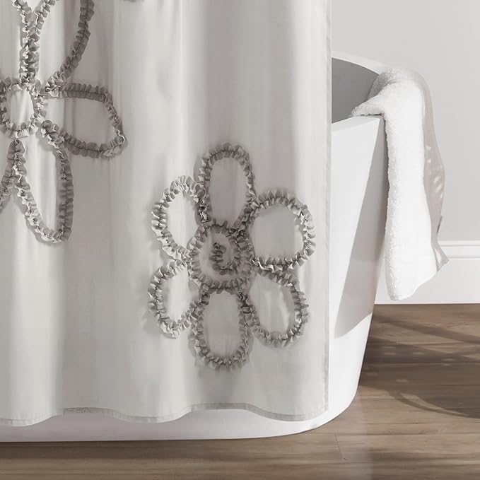 Lush Decor White Ruffle Flower Polyester Shower Curtain, 72" x 72"