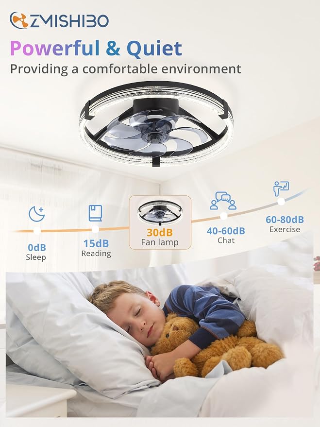 ZMISHIBO RGB Ceiling Fan with Light, 20'' Low Profile Ceiling Fans | Flush Mount Modern Ceiling Fan and Remote Control, 3000K-7000K Dimmable & RGB, Modern Fandelier for Bedroom, Living Room