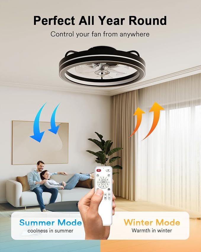 Lumary Smart Ceiling Fan Light with 2200K Nightlight, WiFi & Bluetooth Low Profile Ceiling Fan with Light Remote for Bedroom, RGBAI & 42 Scenes Mode, Flush Mount Easy to Install, 5000 LM, 19in Black