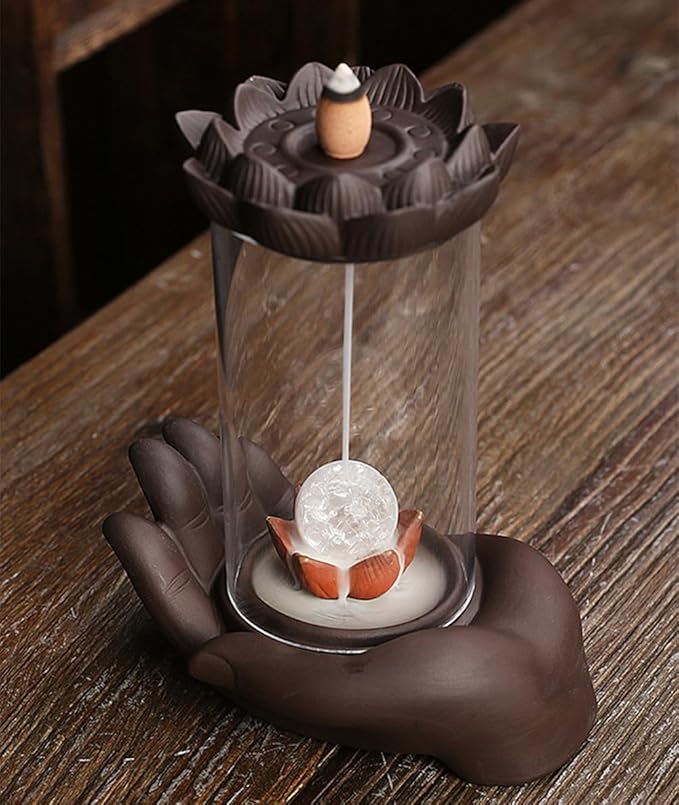 Purple Sand Smoke Waterfall Backflow Incense Burner Creative Windshield Buddha Hand Lotus LED Lamp Aroma Censer Holder for Home Yoga Room Decoration (LED)