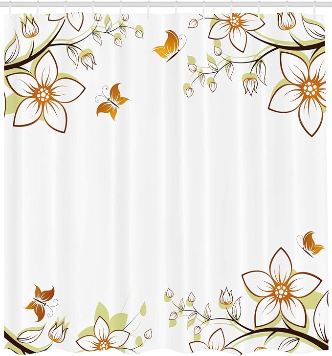 Ambesonne Floral Shower Curtain, Flowers Leaves Branches Buds Butterflies Frame Like Image Print, Cloth Fabric Bathroom Decor Set with Hooks, 69" W x 70" L, Pale Green Pale Brown