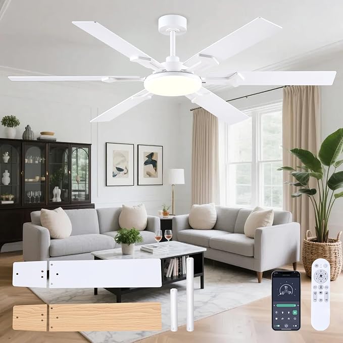 NKPU 66 Inch White Ceiling Fans with Lights, Modern Large Ceiling Fan with Remote & APP Control, Reversible DC Motor, 6 Double-Sided Blades, 6 Speeds, Silent, Timer, for Living Room Indoor Outdoor