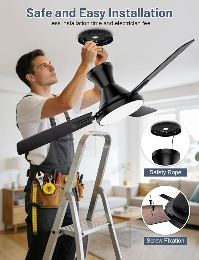 Ceiling Fan with Lights, 42” Ceiling Fan with Light and Remote/APP Control, 2700-6500K CCT Adjustable, Stepless Dimmable, Quiet Reversible Motor, Flush Mount LED Fans Light for Bedroom Living Room