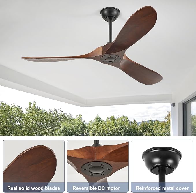 52'' Solid Real Wood Ceiling Fan no Light,DC Motor 6 Speeds Adjustable with Large Airflow,Outdoor Ceiling Fan Dark Walnut Finished for Garage,Gazebo,Living Room,Bedroom