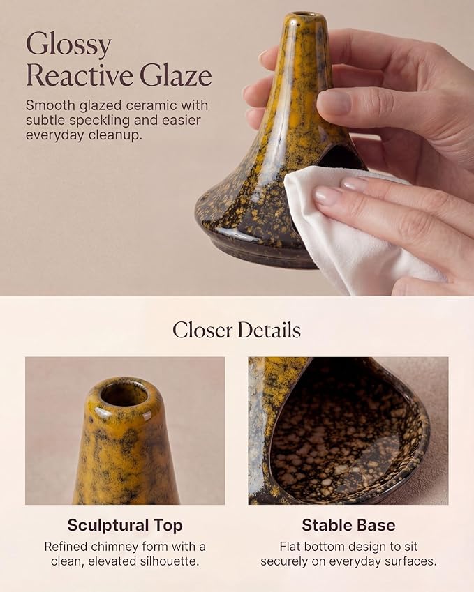 Ceramic Palo Santo Holder & Ash Catcher with Mini Chimney, Incense Holder & Sage Burner, Wabi-Sabi Home Decor for Meditation & Yoga(Antique Ochre)