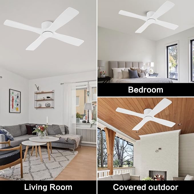 WINGBO 48 Inch Flush Mount DC Ceiling Fans without Lights, 4 Carved Solid Wood Blades, 6-Speed Reversible DC Motor, Low Profile Hugger Ceiling Fan No Lights for Indoor and Outdoor, Gloss White