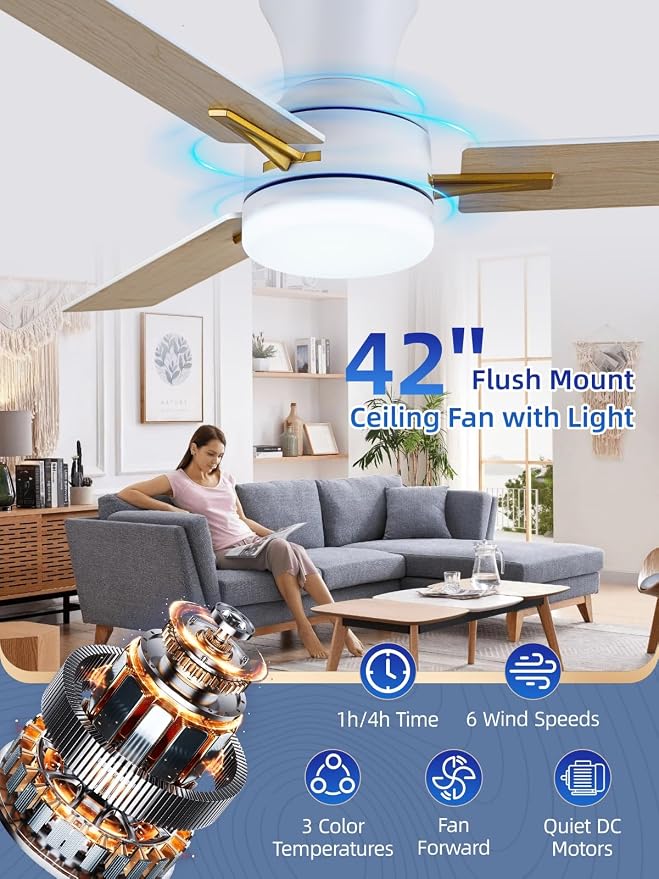 LANMEL 42 Inch Flush Mount Ceiling Fan with Light, App&Remote Control, Low Profile Modern Ceiling Fan, 6 Speed, Reversible, 3000k-6500k Dimmable LED, Quiet DC Motor for Indoor Outdoor, Gold White