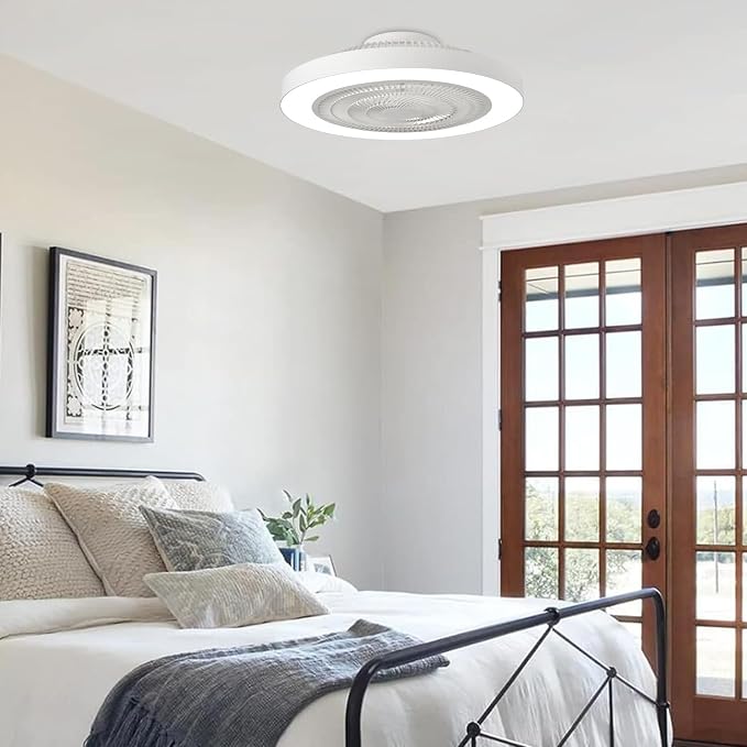 Depuley Modern Ceiling Fan with Light: 19" Bladeless Flush Mount Low Profile LED Ceiling Fans with Remote APP Control - White Enclosed Fandelier Dimmable Quiet for Bedroom Kids Room Apartment Loft