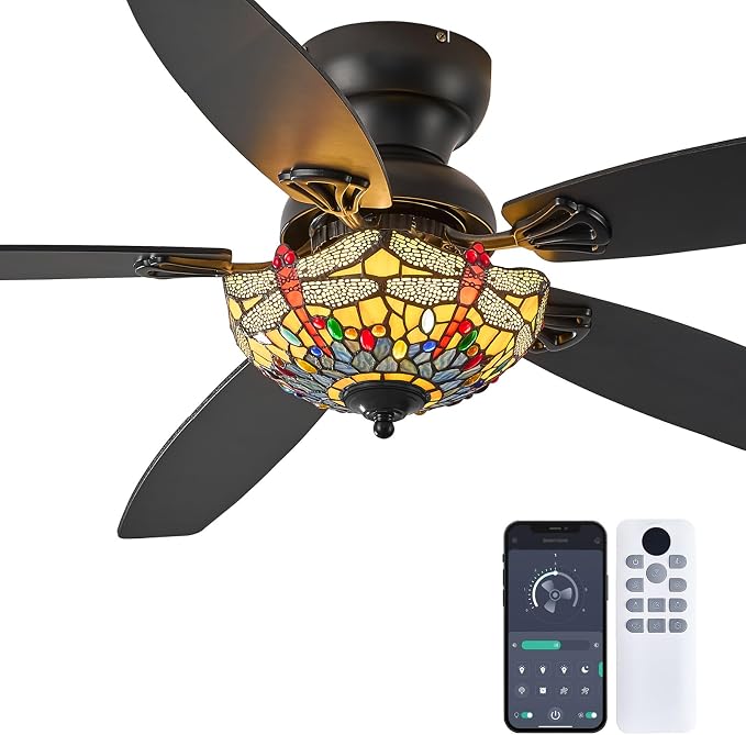 Tiffany Ceiling Fans with Lights - 52" Ceiling Fan Chandelier with 5 Dual-Blades and Glass Shade, 6 Speeds and Reversible, Indoor and Outdoor, Retro Style