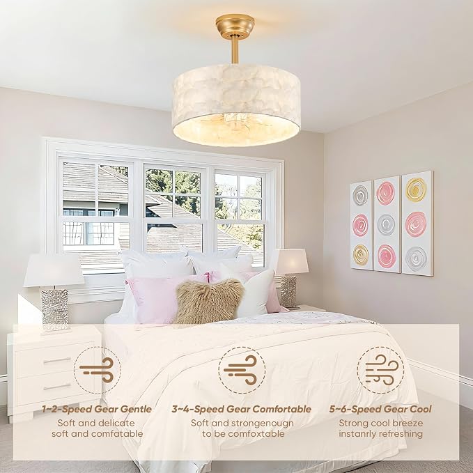 Boho Chandelier Ceiling Fan, Capiz Shell Fandelier Ceiling Fan with Light and Remote Control, Coastal Caged Ceiling Fan for Bedroom,Living Room,Nursery,Foyer(6 Speed, Timing,Adjustable Height)