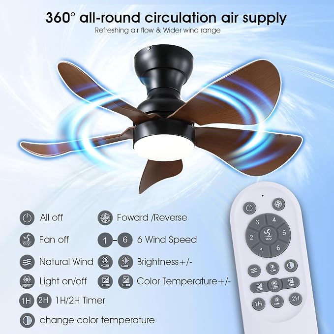 Kviflon Ceiling Fans with Lights and Remote/APP Control, 30 inch Low Profile Ceiling Fans with 5 Reversible Blades 3 Colors Dimmable 6 Speeds Ceiling Fan for Bedroom Dining Room, Wood Color