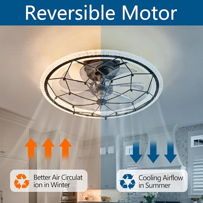 Dalouguan Matte Black Ceiling Fan with Light, Farmhouse Chemistry Molecular Model Caged Ceiling Fan with Remote, LED Low Profile Ceiling Light for Bedroom Kitchen Living Room