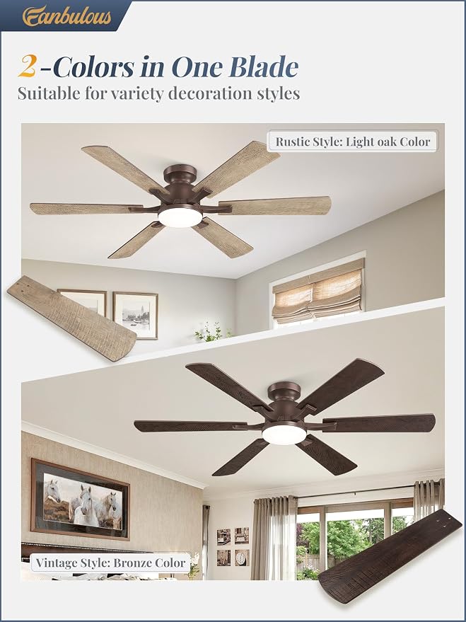 Fanbulous 52 Inch Ceiling Fan with Lights, APP & Remote Control, Flush Mount Low Profile Bronze Ceiling Fan, 3000-6000K Dimmable LED, Quiet Reversible Motor, 6 Blades, 6 Speeds,for Bedroom Living Room