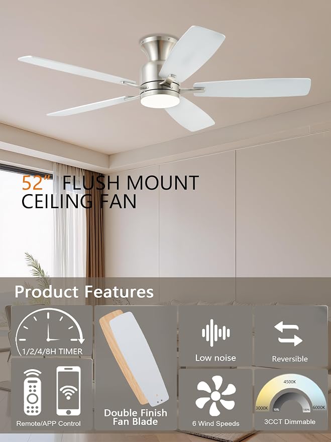KNUN 52 Inch Ceiling Fans with Lights,Flush Mount Ceiling Fan with Remote/APP Control, 3CCT Dimmable, Double-Sided Blades, Reversible Motor, Low Profile Ceiling Fans for Living Room Bedroom(Nickel)