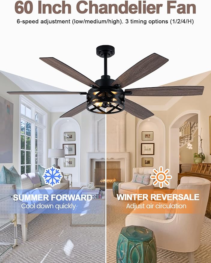 60 Inch Farmhouse Ceiling Fan with Light and Remote Black Rustic Ceiling Fan Quiet and Reversible DC Motor Caged Chandelier Fan for Living Room Bedroom