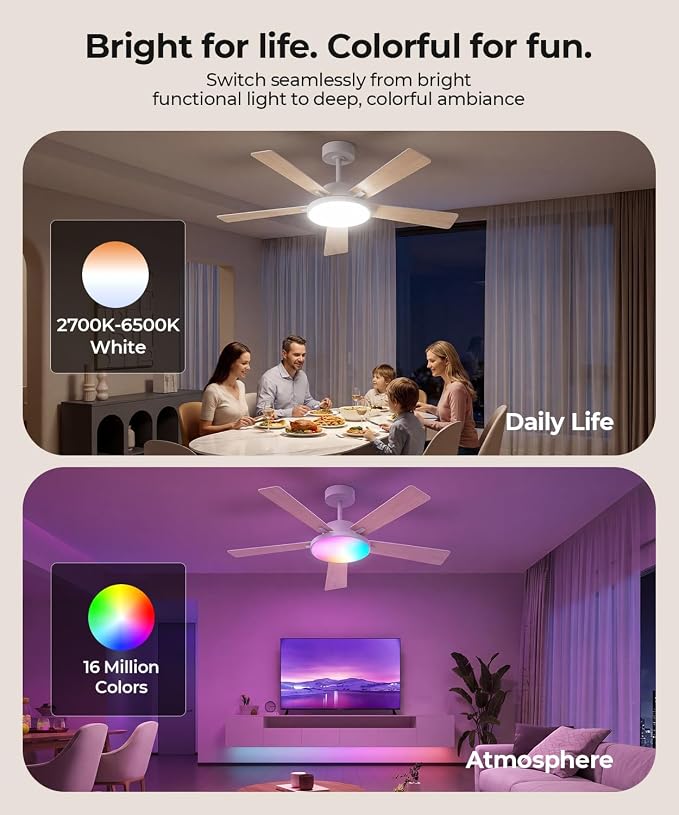 Smart Ceiling Fan with Light,RGBCW 52" Low Profile Ceiling Fan with Light and Remote,Alexa/Google/App Control,Reversible DC Motor,Dimmable,2500lm,Quiet Fan for Bedroom,Living Room White