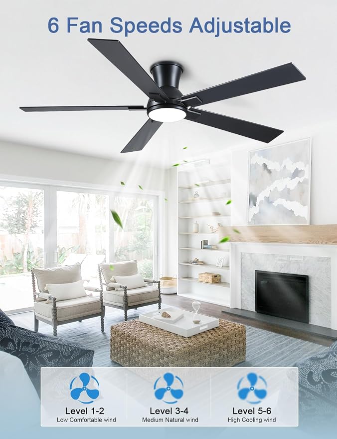 60 Inch Black Flush Mount Ceiling Fans with Lights, 3CCT Dimmable LED, 6-Speed Remote Control, Reversible Motor,Quiet Low Profile Energy-Efficient for Bedroom & Living Room,ETL Listed