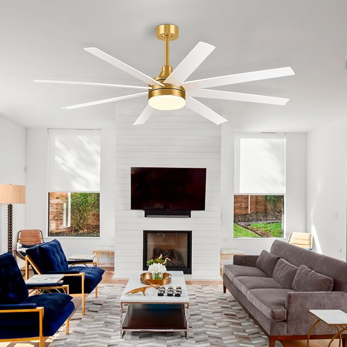 65 Inch Ceiling Fan with Lights and Remote, 8 ABS Blades, Quiet Reversible DC Motor, 6-Speed, Timer Function, 3 Color Led Light Chandelier, Industrial Ceiling Fans for Bedroom Office (Gold & White)