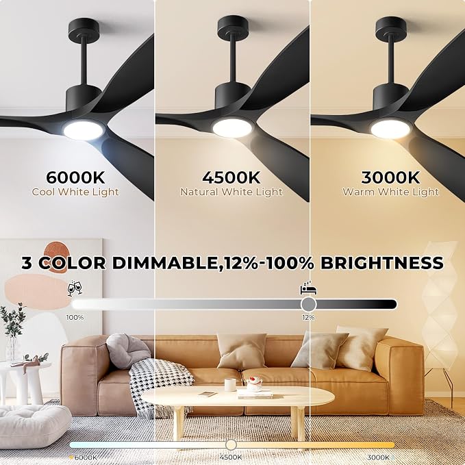 Ceiling Fans with Lights, Ceiling Fans with Lights and Remote Control, 52 inch Black Modern Smart Ceiling Fan with Light, Outdoor Ceiling Fans for Patios 3 Blade Bedroom Living Room（Black）