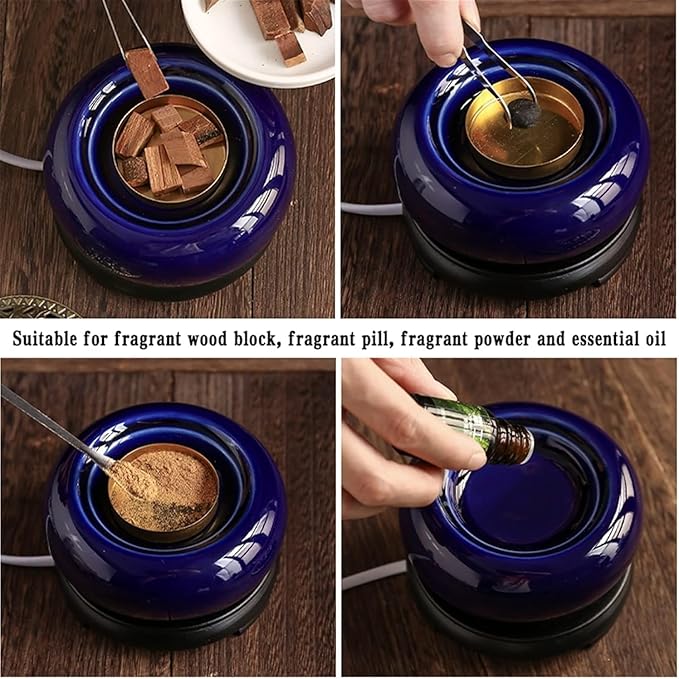 Electric Resin Burner with Timer, Ceramic Electric Incense Burner, Burner Censer 110V for Home Porch, Patio, Garden, Office, Yoga, Living Room, Meditation Room (Blue)