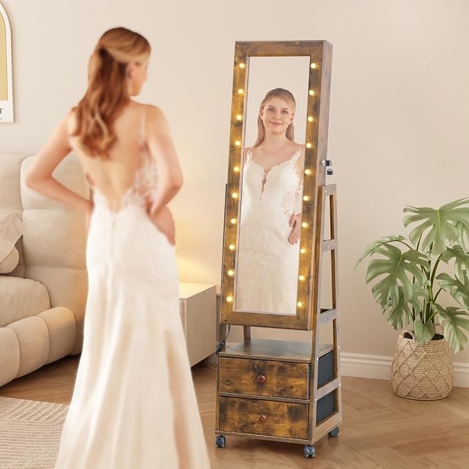 Jewelry Armoire Cabinet Organizer Standing with 20 LED Lights Lockable Full Length Mirror with Storage Shelves and 2 Drawers (Rustic Brown) Adjustable Tilt Angles Gift for Her