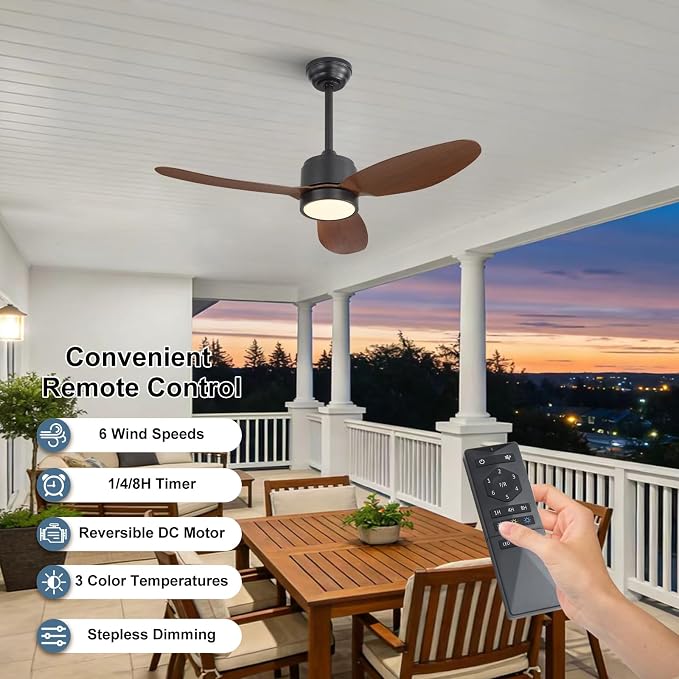 WINGBO 42" Outdoor Ceiling Fans with Lights, Wet Rated Waterproof Indoor Ceiling Fan with Remote, 3 ABS Blades Modern Ceiling Fan, 3CCT Quiet 6-Speed DC Motor, for Porch Patios Bathroom, Black+Walnut