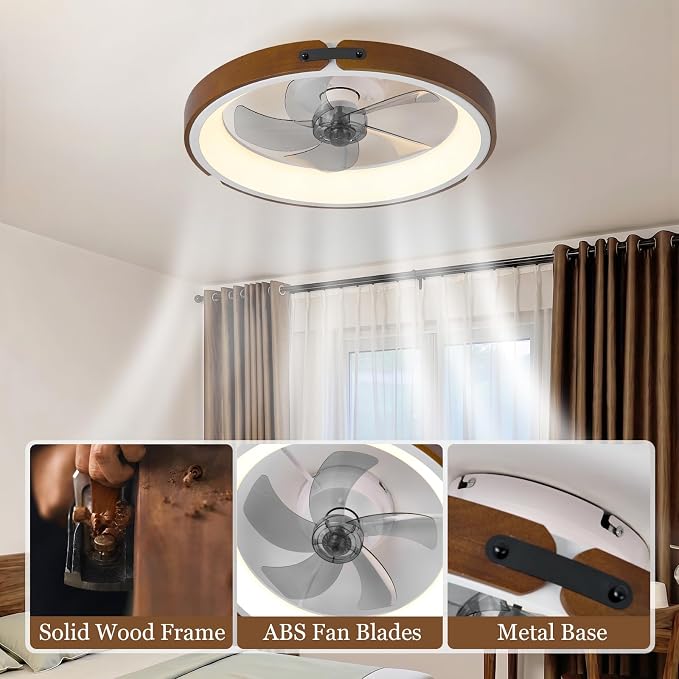 Ceiling Fans with Lights,20 Inches Low Profile Ceiling Fan with Light and Remote/APP Control,3500-6500K Dimmable LED Timing and 6 Speeds Semi Flush Mount Wood Bedroom Lighting