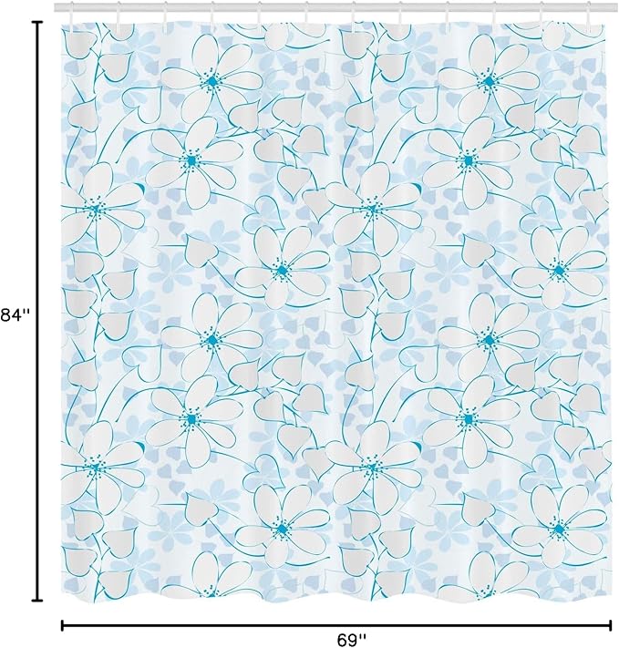 Ambesonne Blue Shower Curtain, Abstract Flowers with Heart Shaped Leaves Romantic Fresh Beauty in Nature, Cloth Fabric Bathroom Decor Set with Hooks, 69" W x 84" L, Pale Blue Aqua White