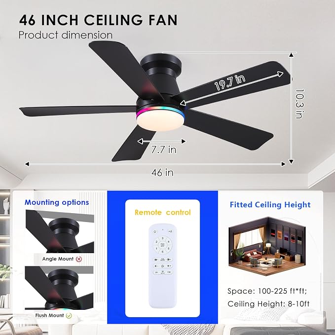 Hounberi 46 Inch Flush Mount Ceiling Fan with RGB Light and Remote, Modern Black Low Profile Ceiling Fan for Low Ceilings, 3CCT Dimmable LED, 6 Speeds Quiet Reversible Motor for Bedroom & Living Room