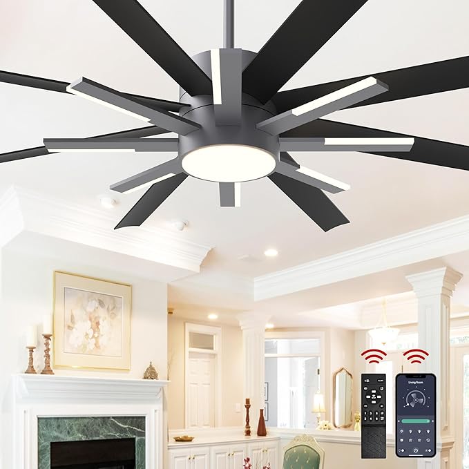 72 inch Black Ceiling Fans with Lights and Remote, Modern Large Ceiling Fan for Living Room Bedroom Patio，6 Speed Reversible，8 Blades and 9 Lights，3 CCT，Black Gray