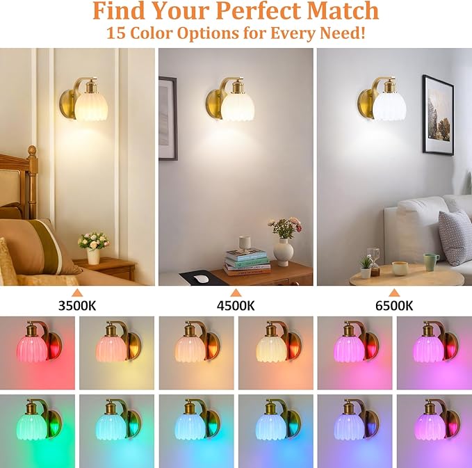 VerRon Rechargeable Battery Operated Wall Sconce with Milky White Glass Lampshade, Wireless Wall Scone Decor with Remote Control, 15 Colors Gold Wall Light for Bedside Hallway Bedroom Doorway
