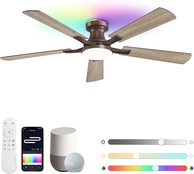 ZMISHIBO 52 Inch Ceiling Fan with RGB Lights, Low Profile Flush Mount with Alexa/App/Remote, Dimmable 20W LED Light, Brown Farmhouse for Living Room, Bedroom, Game Room
