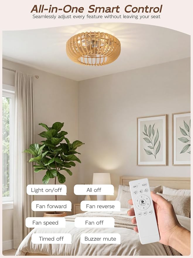 20" Wood Ceiling Fans with Lights Flush Mount, Caged Boho Ceiling Fan with Light Remote Control, Wooden Low Profile for Bedroom, Living Room, Nursery