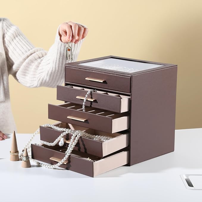 Frebeauty Jewelry Box for Women,Clear Lid Jewelry Organizer with 5 Drawers | Faux Leather,Velvet Lining,5-Layer Large Capacity,Jewelry Storage for Rings Earrings,Dustproof Design,Golden Stylish Handle