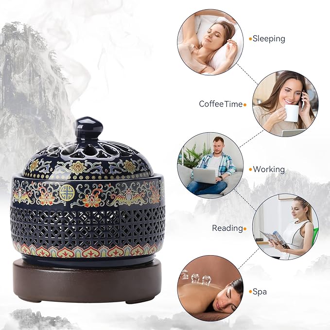 Ceramic Holder Electric Incense Burner Enamel Built-in LED Lights Simulate Flames, Classical, Elegant and High-end Hollow Design
