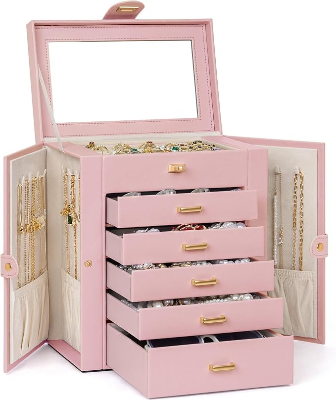 AKOZLIN 6-Tier Jewelry Box Organizer Functional 5 Drawers Leather Jewelry Storage Case for Women Girls Ring Necklace Earring Bracelet Holder Organizer with Mirror Medium Pink