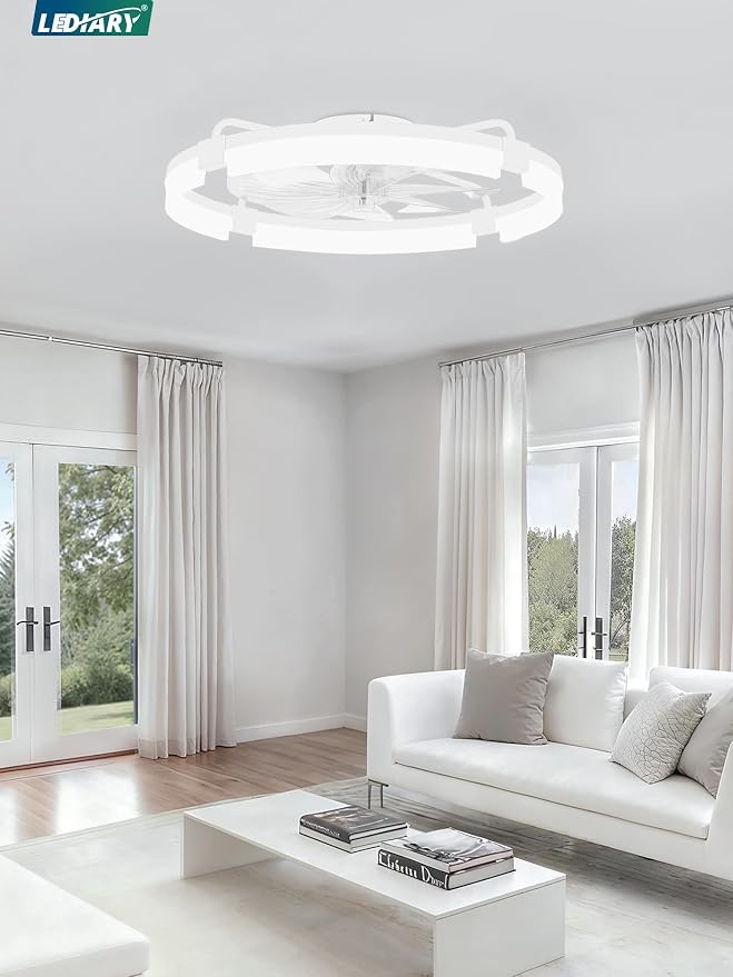 LEDIARY 24" Ceiling Fans with Lights and Remote, Modern Low Profile Ceiling Fan, 3 CCT, Stepless Dimmable, Fandelier Flush Mount Fan Light, 6 Speeds, DC Motor, App & Remote Control for Bedroom(White)