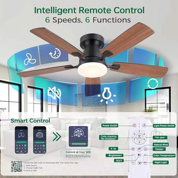 Ceiling Fans with Lights, 48 Inch Ceiling Fan with Light And Remote/APP,Low Profile Ceiling Fan with Light,DC Reversible,6 Speed Noiseless LED Ceiling Fan,Brown Small Ceiling Fan for Bedroom