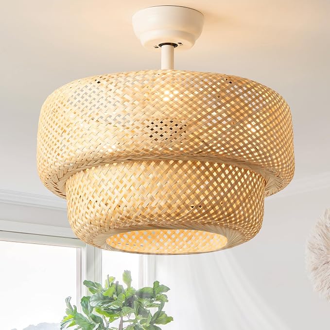 SYDACG Boho Ceiling Fans with Lights, 20" Rattan Ceiling Fan with Light Remote Control, Caged Fandelier with 6 Speeds for Bedroom, Nursery, Living Room