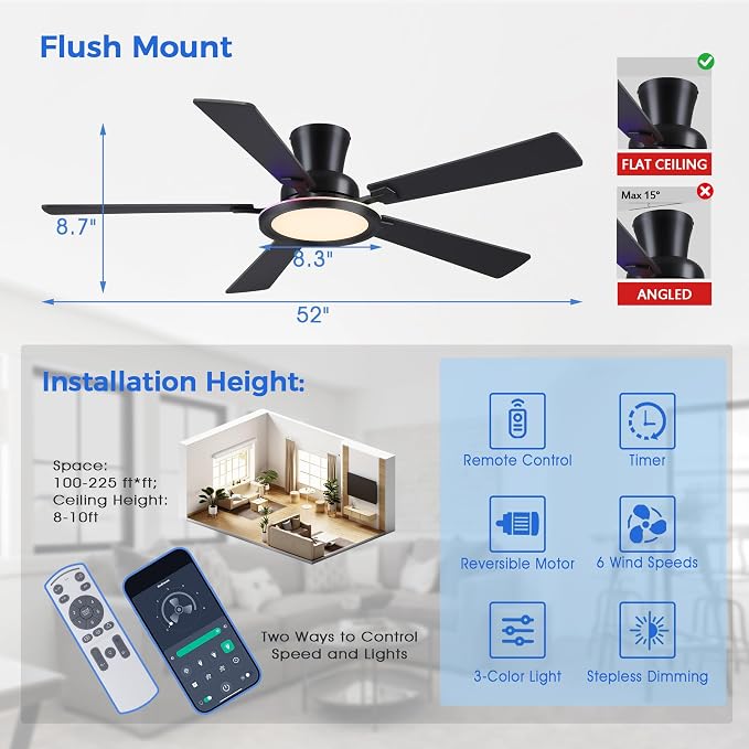 Ayaoty Ceiling Fans with Lights - 52in Flush Mount Ceiling Fan with RGB Dimmable, 3CCT 6 Wind Speeds and Reversible Quiet Motor, Low Profile RGB Fan Light for Modern Indoor, Party - Black