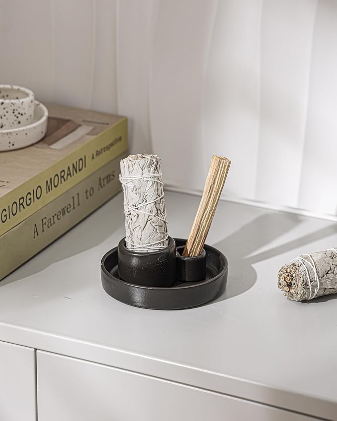 Ceramic Palo Santo and Sage Holder, Incense Holder for Palo Santo Sticks, Sage Burner Dish Stand with Ash Catcher, Modern Minimalist (Black)
