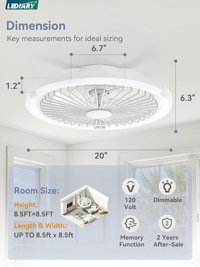 LEDIARY 20" Bladeless Ceiling Fan with Light,Low Profile LED Ceiling Fans with Remote & Smart APP Control, Modern Enclosed Flush Mount Fandelier, 3000-6000K,Bedroom,Kids Room-White RGB