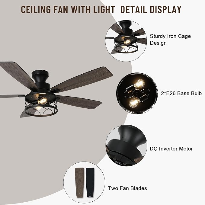 52'' Flush Mount Farmhouse Ceiling Fan with Light and Remote Control | Reversible Quiet DC Wave Iron Cage Fan, 6 Speed 1/2/4H Timer Dual-Sided Wood Blades for Low Ceiling Bedroom Living Room